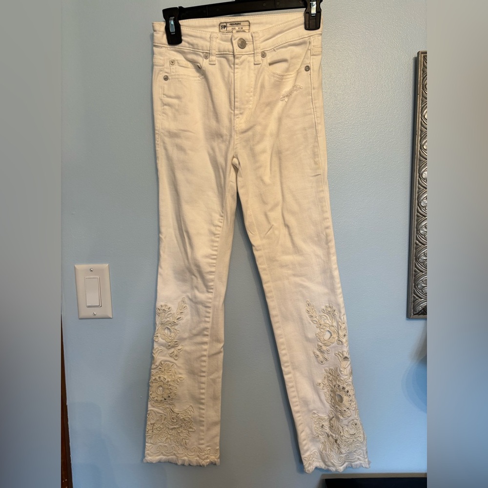 Free People White Flare Jeans with Lace Detail